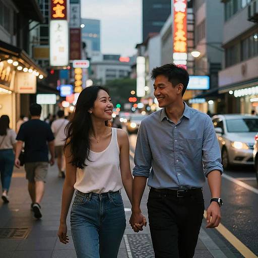 Asian Couple Walking in Neon City