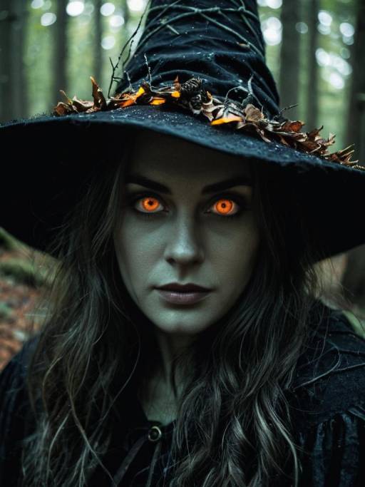 Woman in Woodland Witch Costume with Glowing Eyes