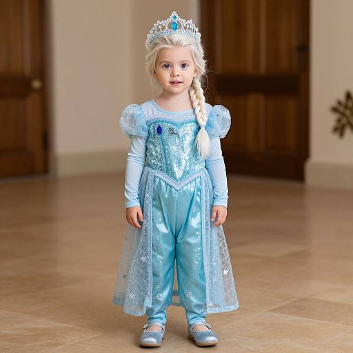 Photograph of a blonde toddler girl wearing a light blue Elsa costume, tiara, and silver shoes, standing in a wooden-floored room.
