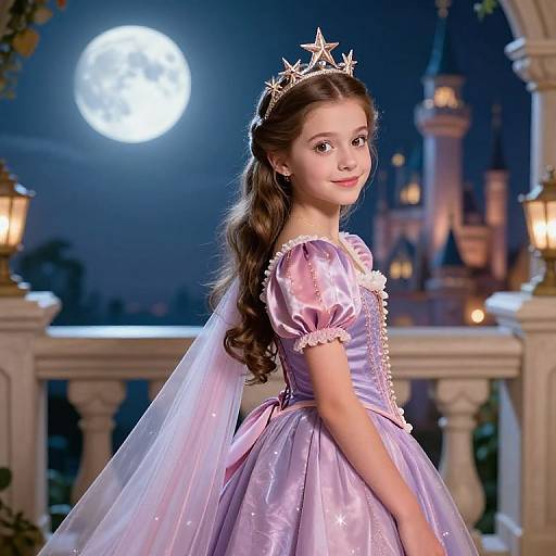 Photograph-style CGI of a young girl with long brown hair, wearing a star tiara, lavender princess dress, and veil, standing on a balcony