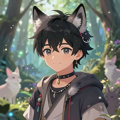 Anime-style digital illustration of a black-haired, cat-eared boy with large gray eyes, wearing a black choker, hooded jacket, and beads