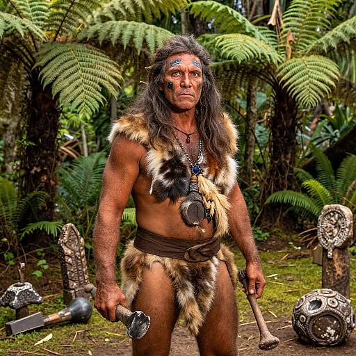 Photograph of a muscular, Native American man with long black hair, wearing fur loincloth, holding a stone axe, standing in a lush forest