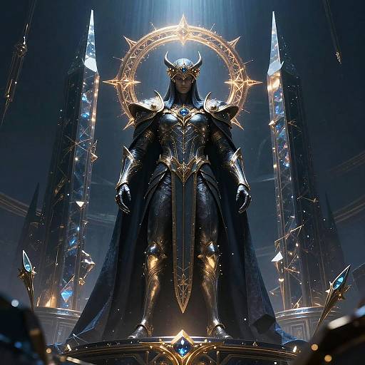 Digital artwork of a powerful, armored, horned figure with glowing halo, standing center-stage in a dark, celestial cathedral, surrounded by illuminated crystals and