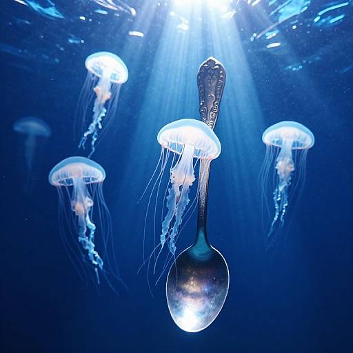 Surreal Glowing Jellyfish Under Sapphire Ceiling