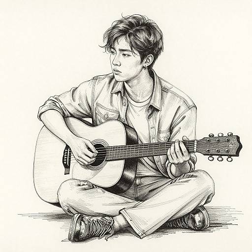 Black-and-white ink drawing of a young man with short, messy hair, sitting cross-legged, playing an acoustic guitar with a focused expression.