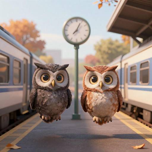Two animated owls flying at train station