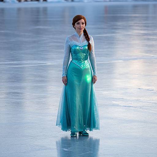 Photograph of a woman with fair skin, brown hair in a braid, wearing a shimmering teal ice queen dress, standing on a frozen,