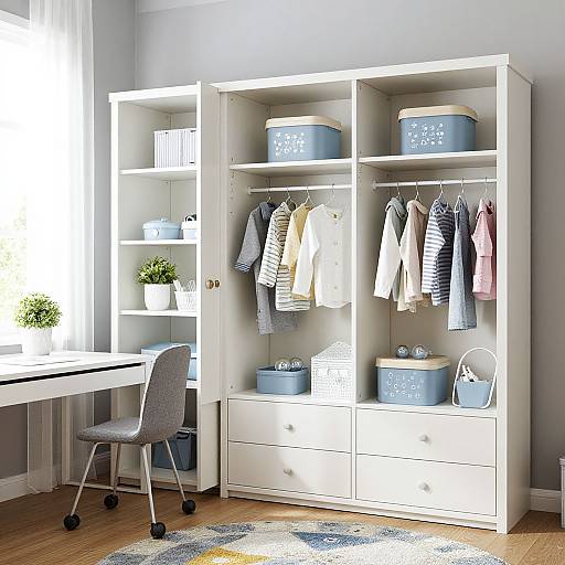 Photograph of a bright, modern bedroom corner featuring a white wardrobe with organized clothes, bins, and a desk with a gray chair.