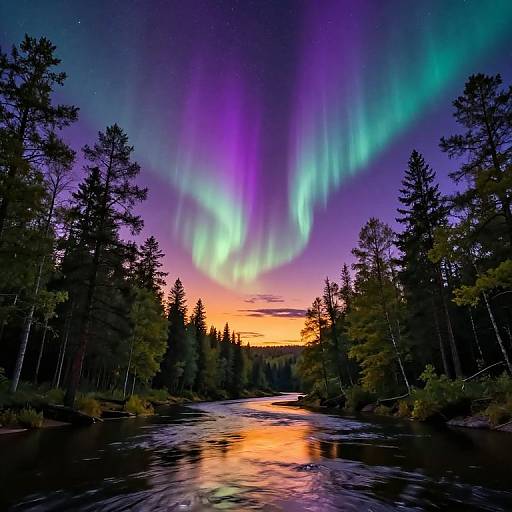 Photograph of a vibrant Northern Lights display over a serene forest river at sunset, reflecting colorful auroras on the water.