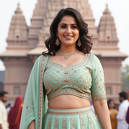 Photograph of a smiling Indian woman with medium skin tone, wearing a green, gold-embroidered traditional outfit, standing in front of a temple