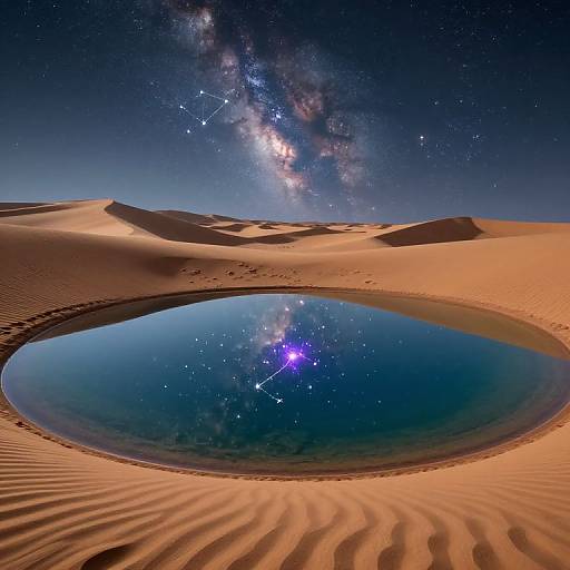 Photorealistic image of a desert oasis at night, with a circular pool reflecting a starry sky and Milky Way galaxy. Ripples in sand d