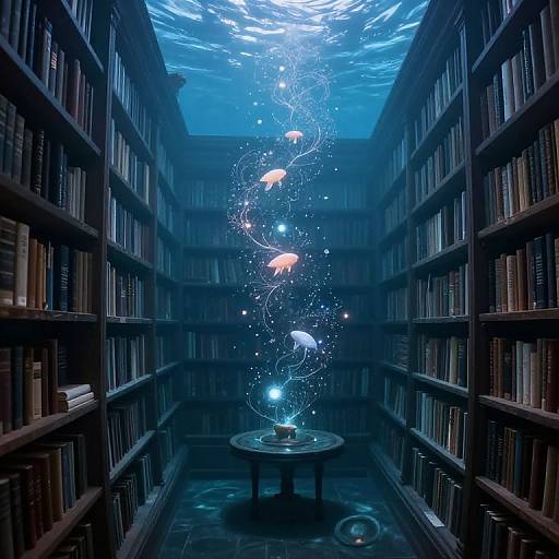Photograph of a dimly lit library aisle with towering bookshelves, a glowing blue ceiling, and an underwater scene with five colorful fish swimming around