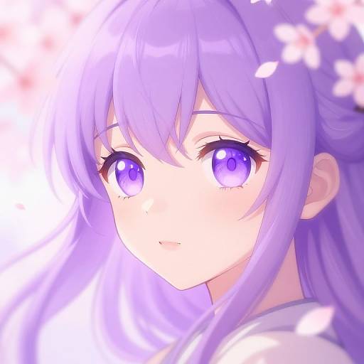 Digital anime-style portrait of a girl with long, vibrant purple hair and matching large, shining purple eyes, surrounded by soft, floating cherry blossom petals.