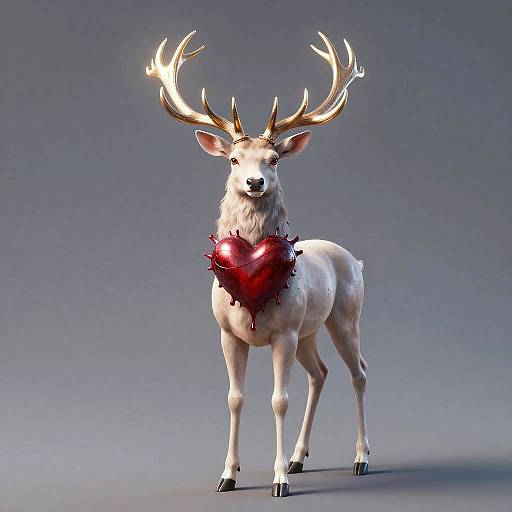 Digital CGI of a white deer with glowing antlers and a shiny red heart-shaped collar against a gradient gray background.
