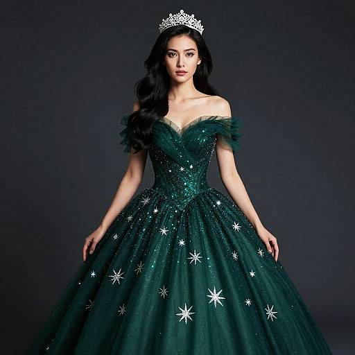 Photograph of a fair-skinned woman with long black hair, wearing an off-shoulder, emerald green star-embellished ball gown