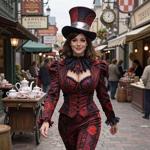Photograph of a smiling woman with curly brown hair, wearing a red and black floral corset, black lace choker, and top hat, walking