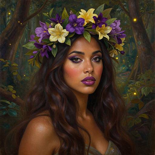 Digital portrait of a dark-haired woman with purple lipstick, wearing a flower crown of yellow and purple flowers, in a magical forest.