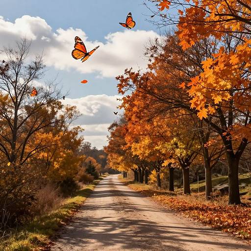 Photograph of a sunlit autumn road with vibrant orange leaves, tall trees, and three orange butterflies flying overhead, under a bright blue sky with scattered