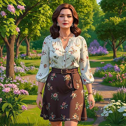 Woman in Floral Outfit in Garden