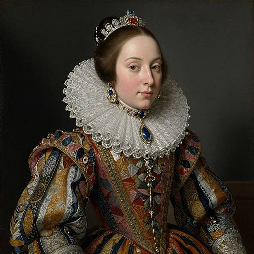 Photograph of a 17th-century European woman in elaborate, patterned gown with white lace ruff, blue gemstone jewelry, and black crown