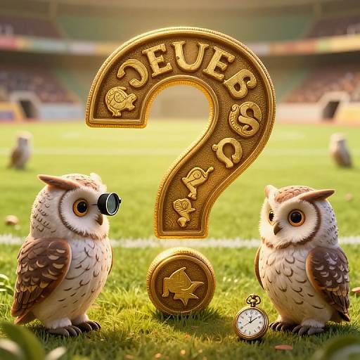 CGI image of two realistic, fluffy owls with brown and white feathers standing on a grassy field, facing a golden, question-mark shaped 