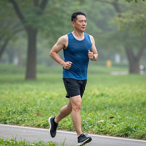 Photograph of a muscular Asian man in a blue tank top and black shorts, jogging on a wet, tree-lined park path.