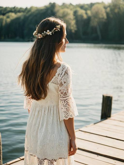 Woman in White Lace Dress on Dock