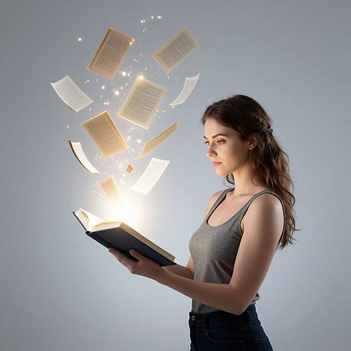 Photograph of a young woman with long brown hair, wearing a gray tank top and blue jeans, reading a glowing book with pages floating around her against