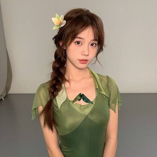 Photograph of an Asian woman with fair skin, brown eyes, and long brown hair in a braid with a yellow flower. She wears a green