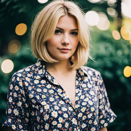 Young Woman in Floral Blouse with Blonde Bob Haircut