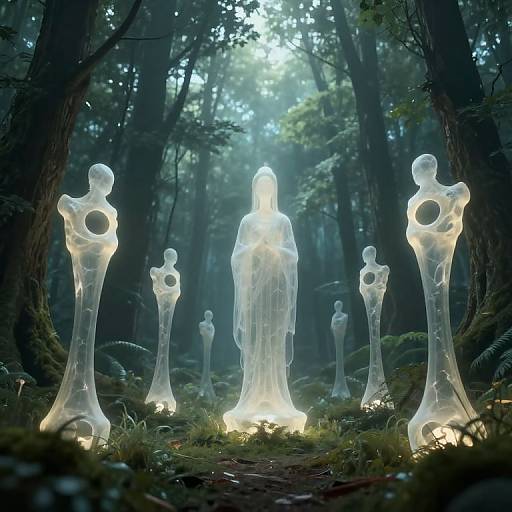 Photograph of glowing, translucent, humanoid sculptures with circular cutouts standing in a misty, moonlit forest, surrounded by ferns and trees.