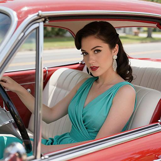 Photograph of a fair-skinned woman with dark hair in a vintage-style updo, wearing a teal dress and diamond earrings, driving a red classic