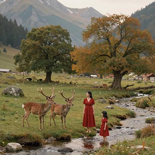 Tranquil Mountain Meadow with Red Dresses