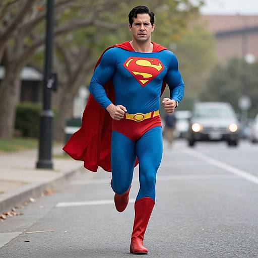 Photograph of a muscular man in a blue Superman suit with red cape, yellow 