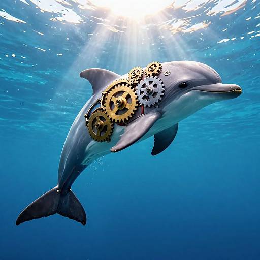 Photograph of a dolphin underwater with gold and silver gears attached to its side, sunlight filtering through the clear blue water.