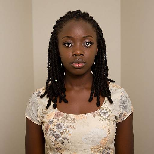 Photograph of a young Black woman with dark skin, medium build, wearing a gold floral-patterned short-sleeve top, and long, neat
