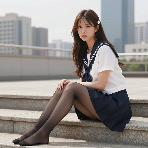 Asian Woman in Sailor Uniform Sitting on Steps