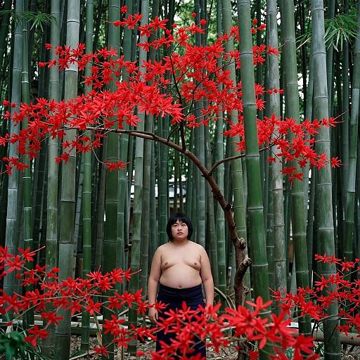 Photograph of a topless, middle-aged Asian woman with short black hair, standing in a bamboo forest, surrounded by vibrant red maple leaves.