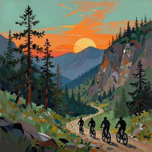 Digital painting of cyclists riding on a mountain trail at sunset, surrounded by tall pine trees, colorful sky, and rugged cliffs.