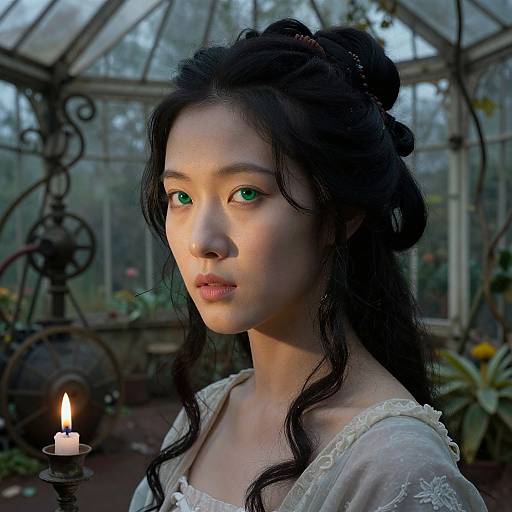 Photorealistic digital portrait of a fair-skinned, green-eyed woman with long black hair in a Victorian-style greenhouse, illuminated by a lit candle.