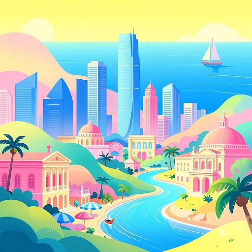Vibrant digital illustration of a tropical cityscape with colorful skyscrapers, palm trees, a winding blue river, and a sailboat on the