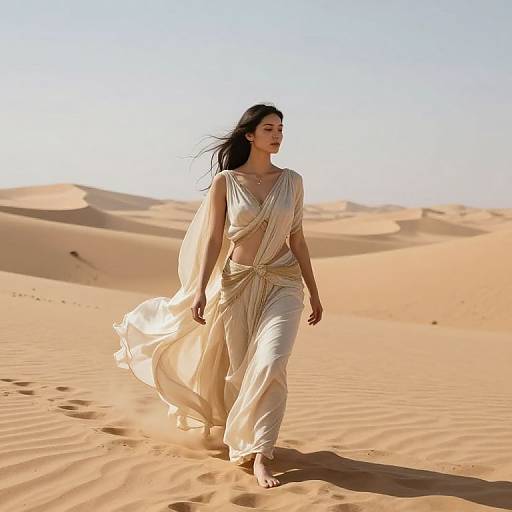 Photograph of a dark-haired woman in flowing white desert attire, walking barefoot through sunlit, rippled sand dunes under a clear, blue