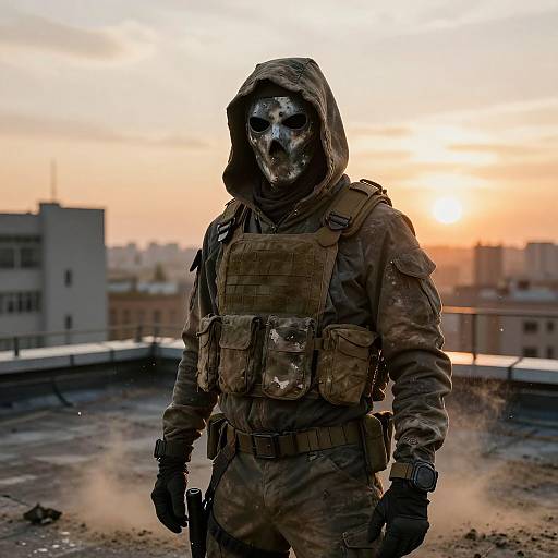 Photograph of a masked soldier in dark, tactical gear with hood, standing on a rooftop at sunset, cityscape background.