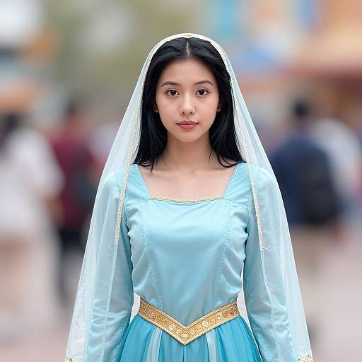 Photograph of a young Asian woman with straight black hair, wearing a light blue, satin, traditional dress with a white veil, gold trim, standing