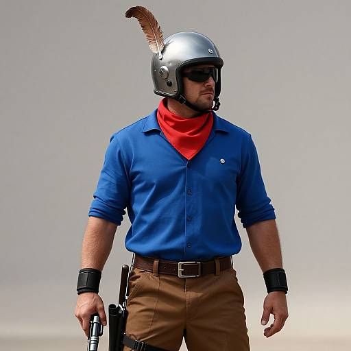 Man in Blue Shirt with Helmet