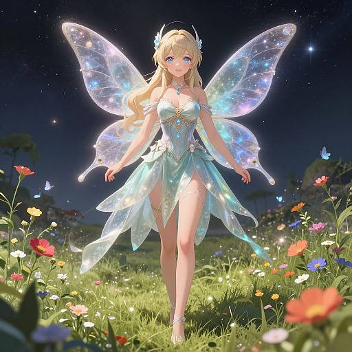 Digital anime-style fairy with glowing blue wings, blonde hair, blue dress, standing in a starlit meadow filled with colorful flowers.