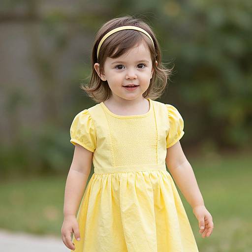 Photograph of a young girl with light brown hair, wearing a yellow dress and headband, smiling in a green, outdoor setting.