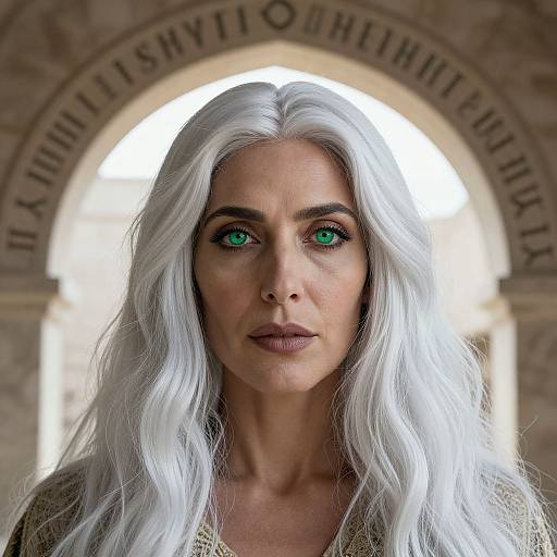 Photograph of a middle-aged woman with long, white wavy hair, green eyes, and neutral makeup, standing in front of an arched stone