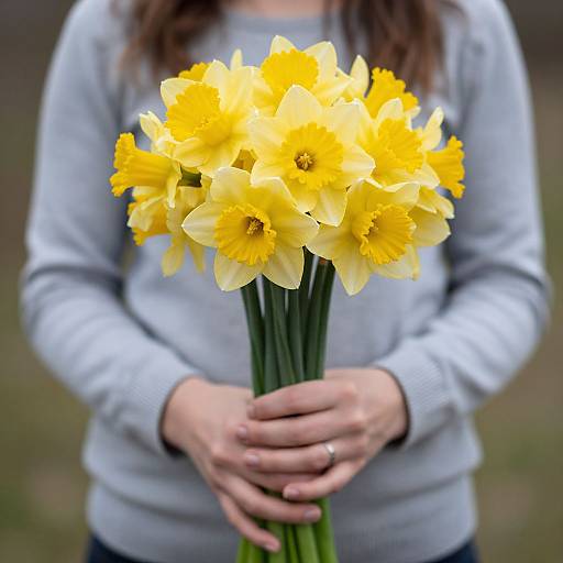 Woman Holding Yellow Daffodils Bouquet