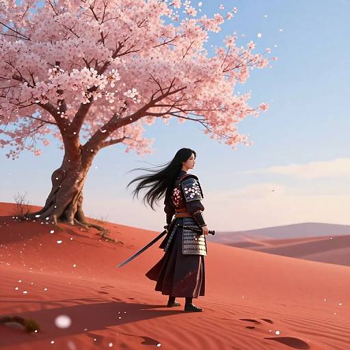 Digital art: Samurai with long black hair, traditional armor, and sword stands under cherry blossom tree in vibrant red desert, clear blue sky.